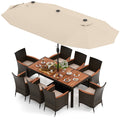 10 Piece Patio Dining Set for 8 with 15 FT Double-Sided Umbrella, Acacia Topped Rattan Table and 8 Stackable Armchairs, Beige Canopy