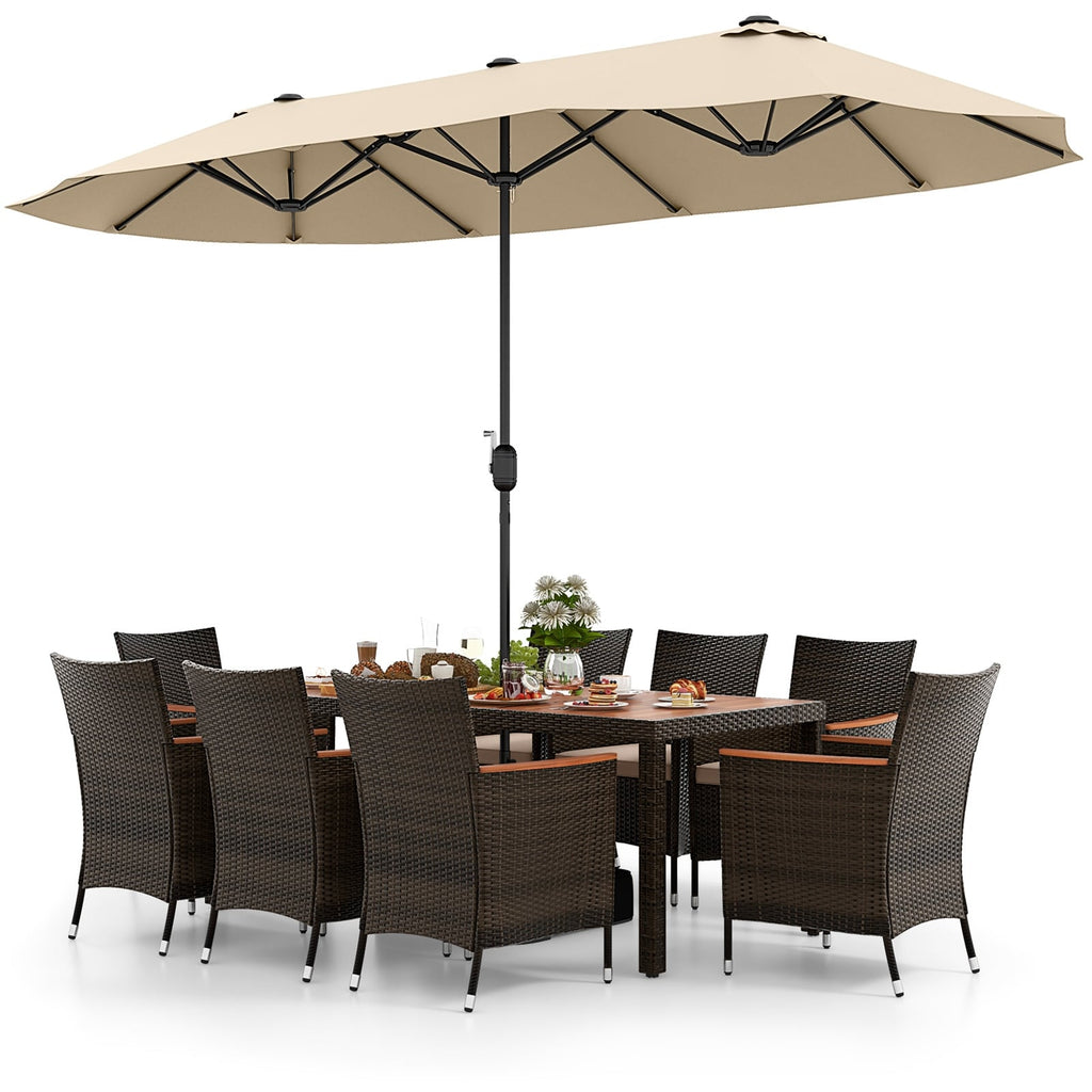 10 Piece Patio Dining Set for 8 with 15 FT Double-Sided Umbrella, Acacia Topped Rattan Table and 8 Stackable Armchairs, Beige Canopy