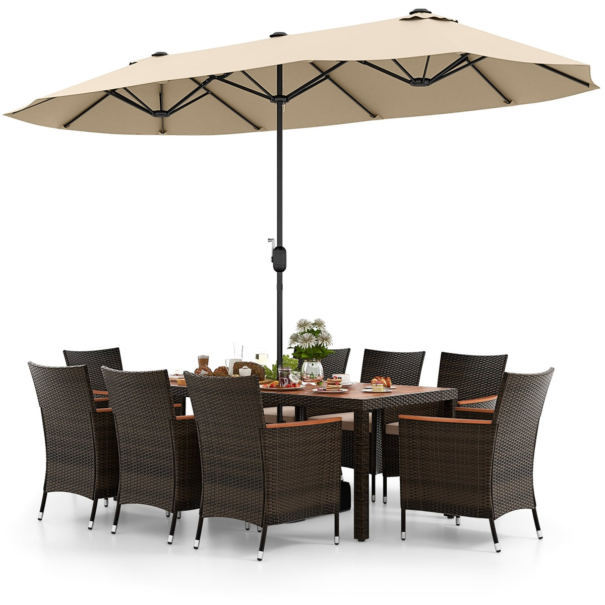 10 Piece Patio Dining Set for 8 with 15 FT Double-Sided Umbrella, Acacia Topped Rattan Table and 8 Stackable Armchairs, Beige Canopy