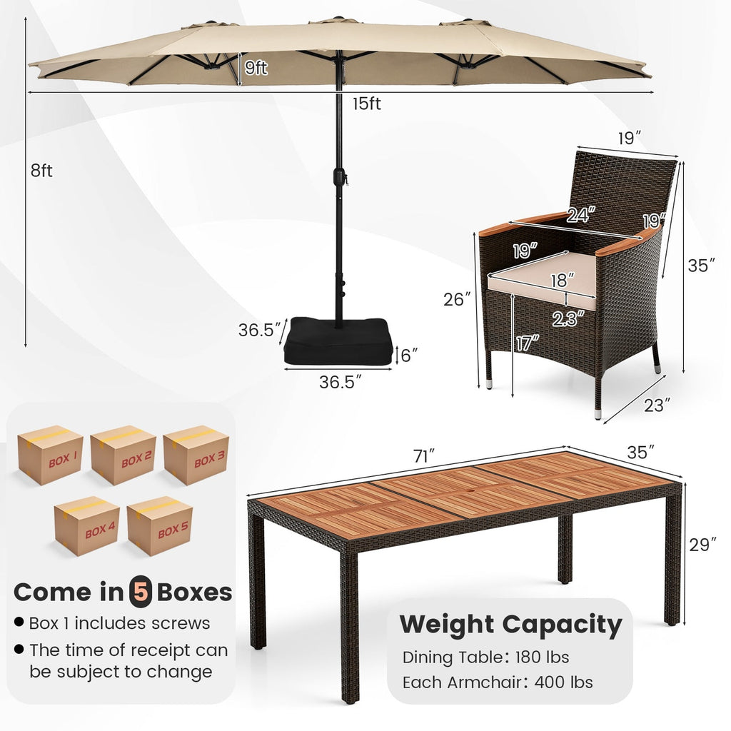 10 Piece Patio Dining Set for 8 with 15 FT Double-Sided Umbrella, Acacia Topped Rattan Table and 8 Stackable Armchairs, Beige Canopy