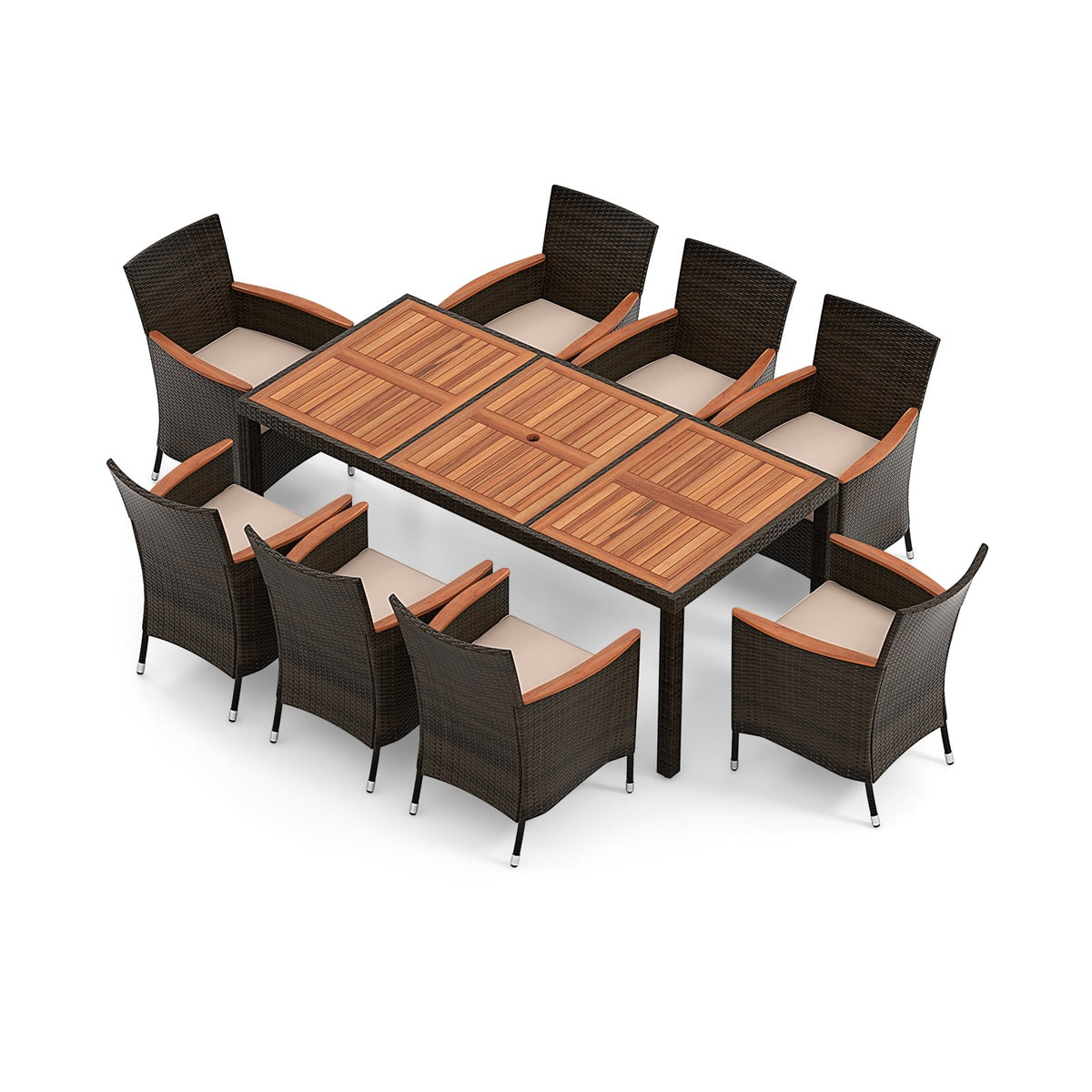 10 Piece Patio Dining Set for 8 with 15 FT Double-Sided Umbrella, Acacia Topped Rattan Table and 8 Stackable Armchairs, Beige Canopy