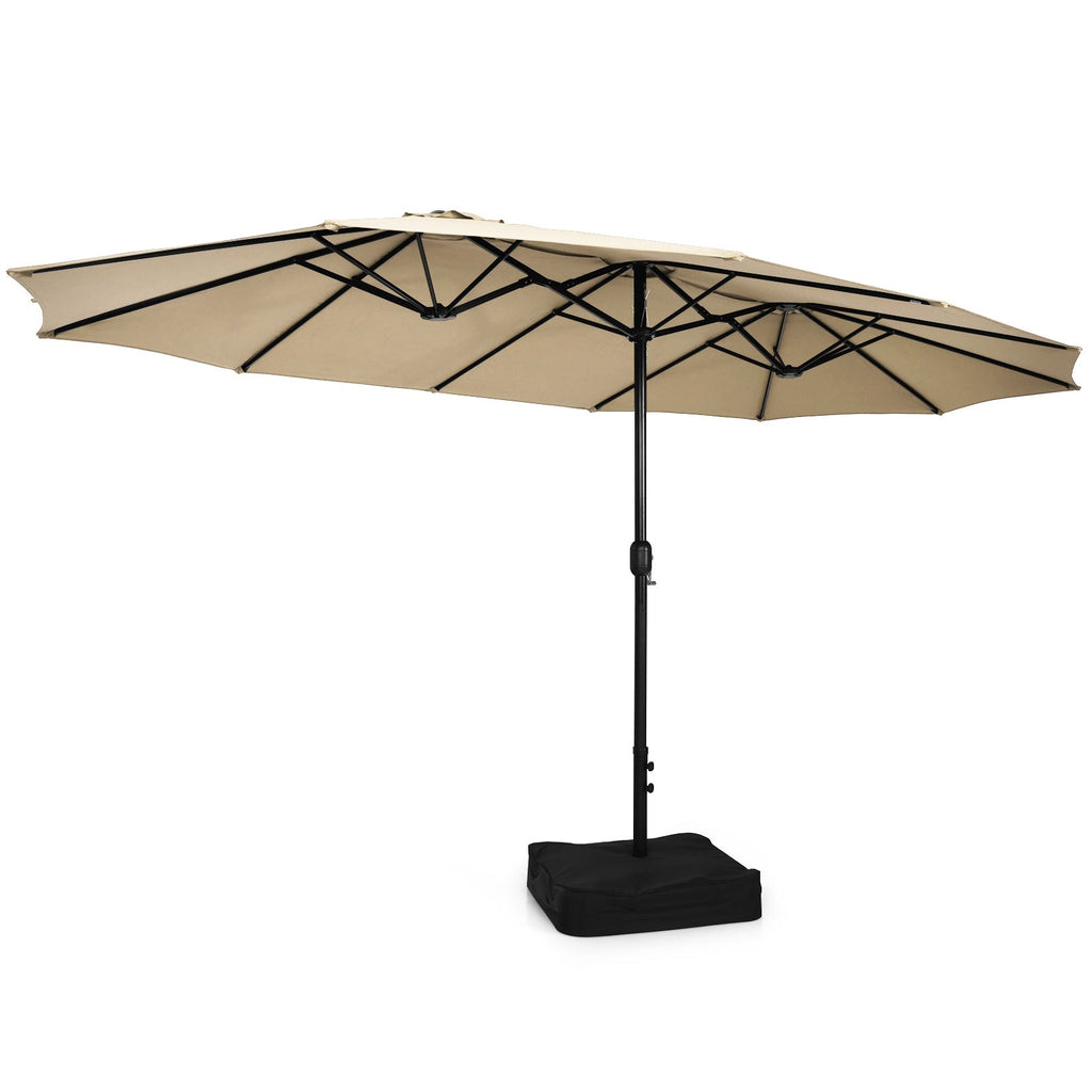 10 Piece Patio Dining Set for 8 with 15 FT Double-Sided Umbrella, Acacia Topped Rattan Table and 8 Stackable Armchairs, Beige Canopy