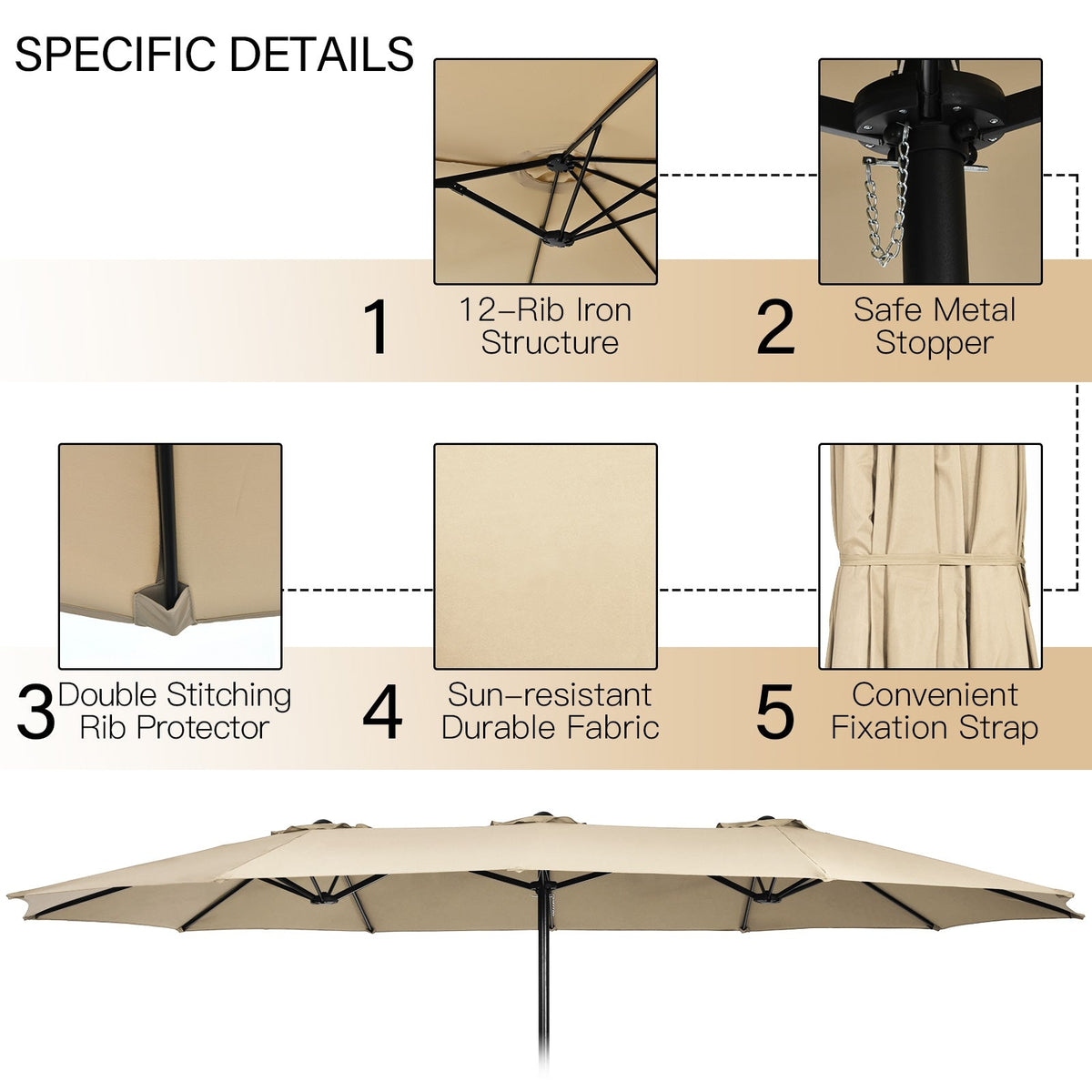 10 Piece Patio Dining Set for 8 with 15 FT Double-Sided Umbrella, Acacia Topped Rattan Table and 8 Stackable Armchairs, Beige Canopy