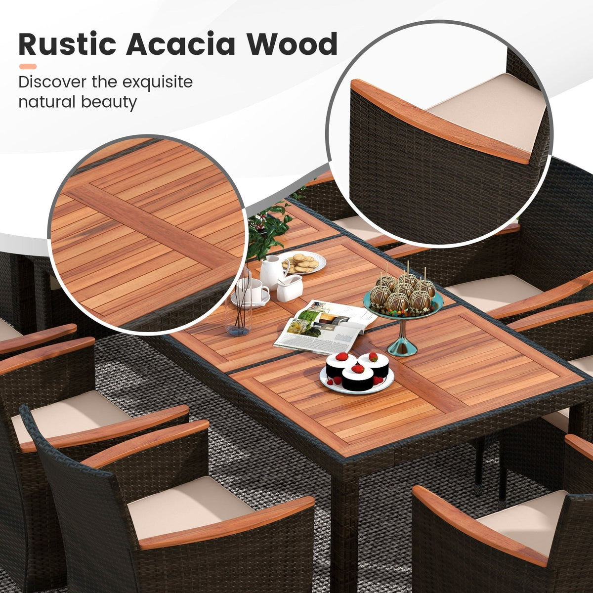 10 Piece Patio Dining Set for 8 with 15 FT Double-Sided Umbrella, Acacia Topped Rattan Table and 8 Stackable Armchairs, Beige Canopy