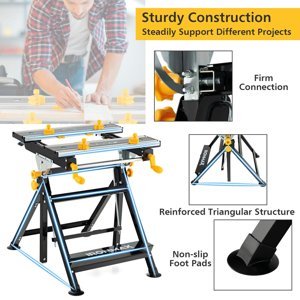 Folding Work Table with Tiltable Platform and 7-level Adjustable Height-Black