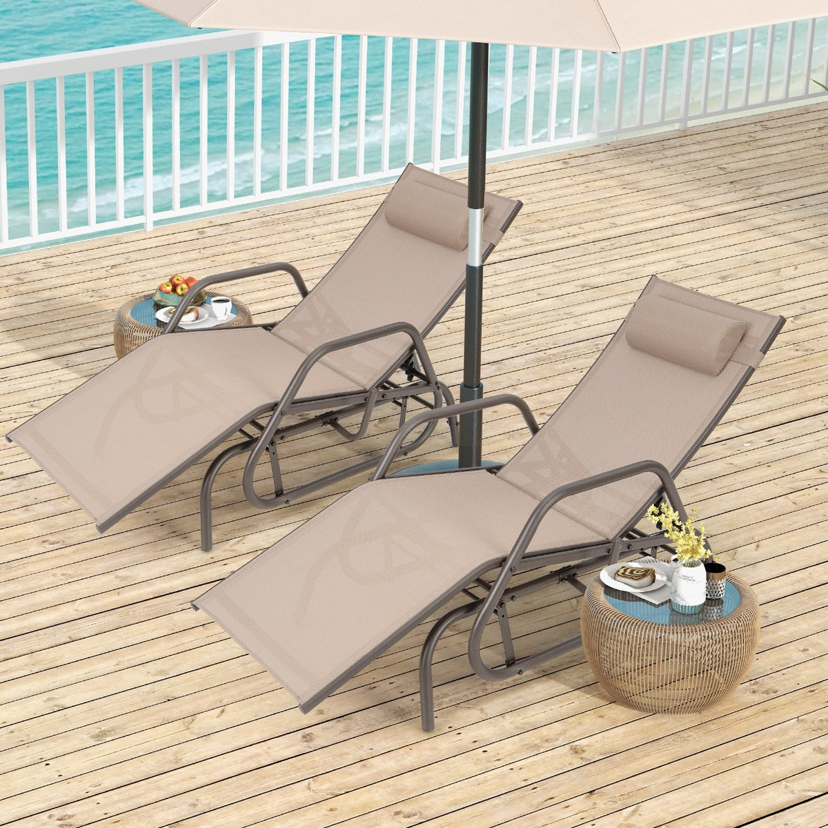 Outdoor Glider Chaise Lounge with Gliding Arms and Pillow, Rustic Brown