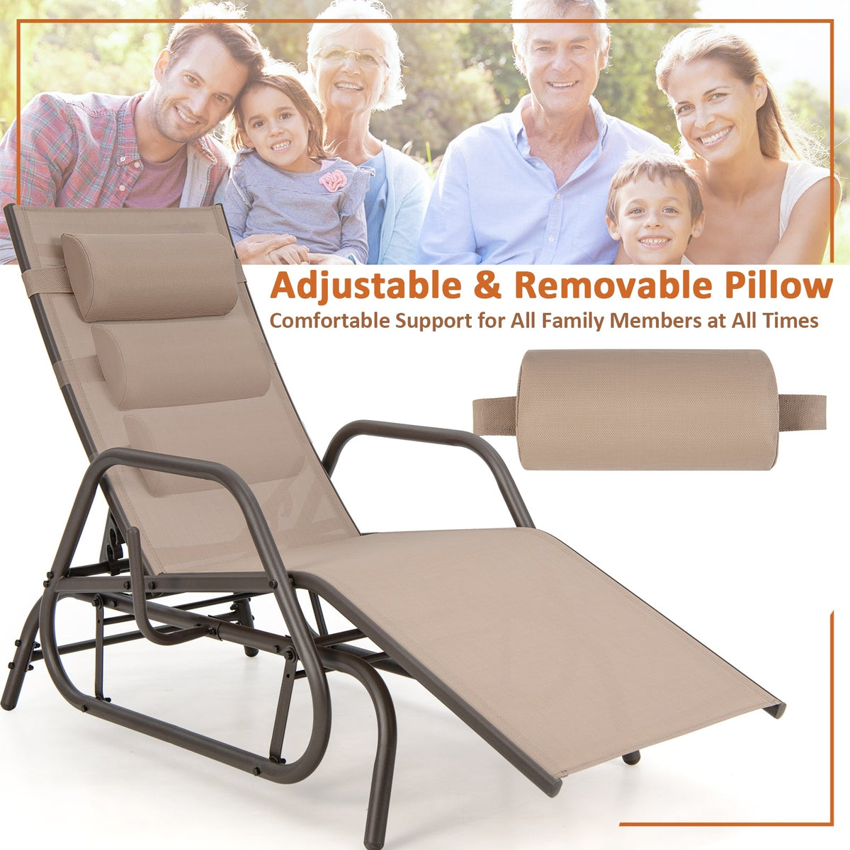Outdoor Glider Chaise Lounge with Gliding Arms and Pillow, Rustic Brown