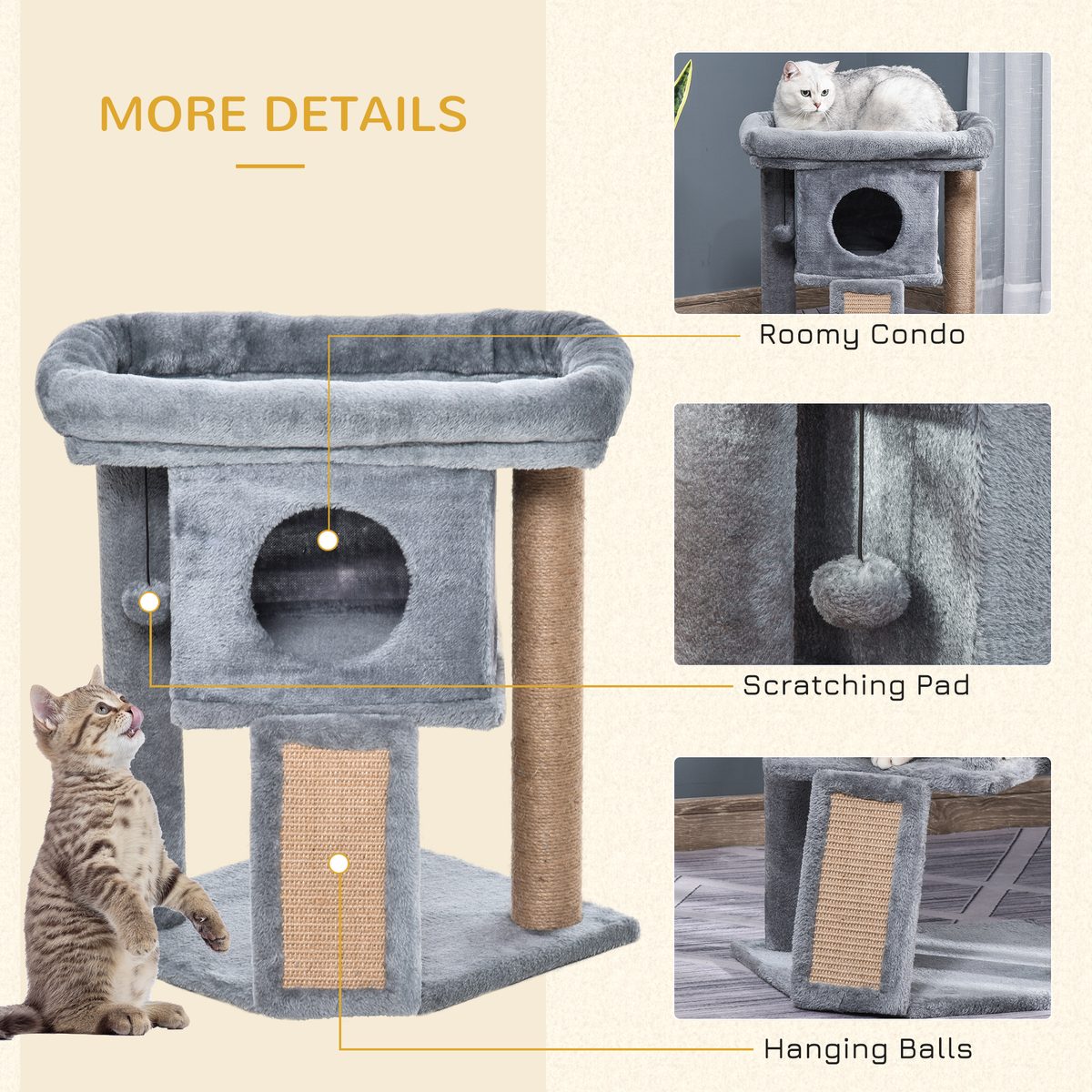 Cat Tree, Small Cat Tower with Perch, Scratching Post, Cat Condo, Toy Ball for Kitty, Indoor Use, Grey