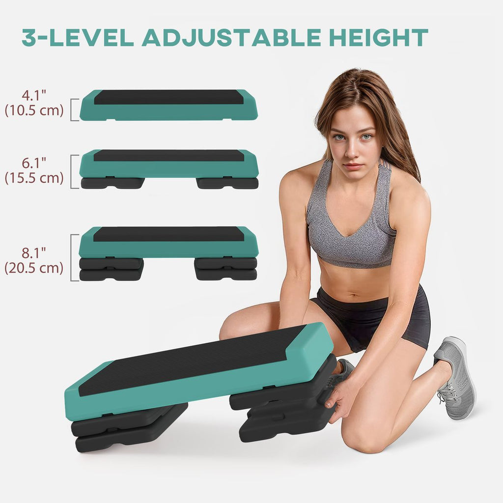 Adjustable Exercise Step Platform, 3-Level with Risers 4", 6", 8" Aerobic Stepper, 550lbs Weight Capacity, Green