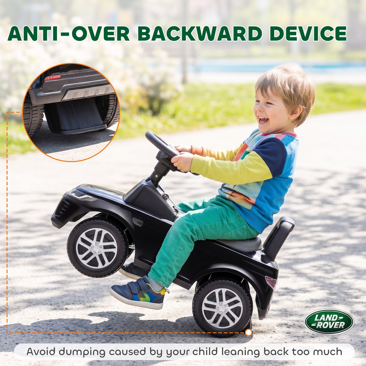 Licensed Land Rover Ride on Push Car with Anti-Tip Device, Under-Seat Storage, Horn, Engine Sounds for 18-36 M, Black