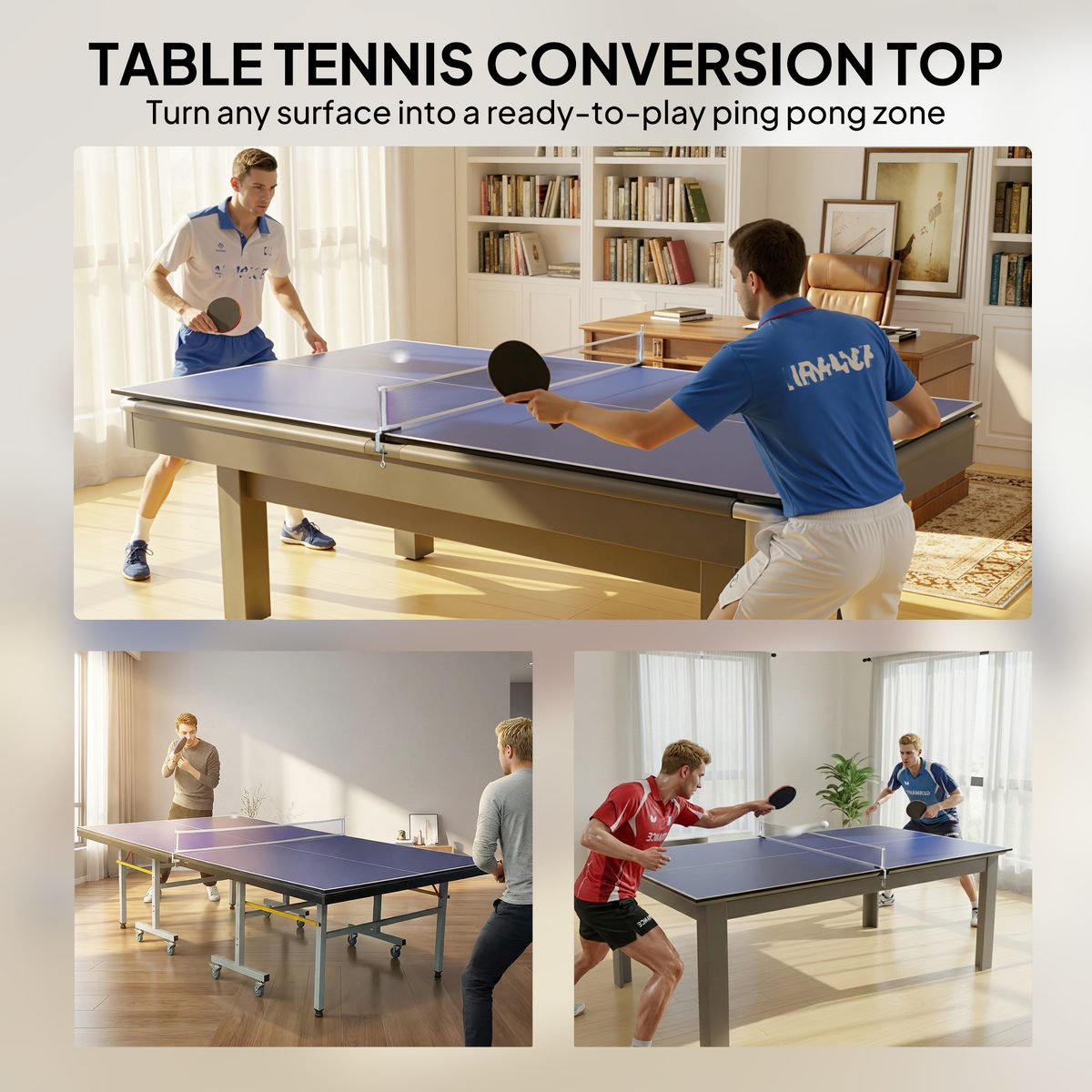 9 ft Folding Ping Pong Table Top for Pool Tables, Table Tennis Conversion Top with Net, Foam Padding, Blue