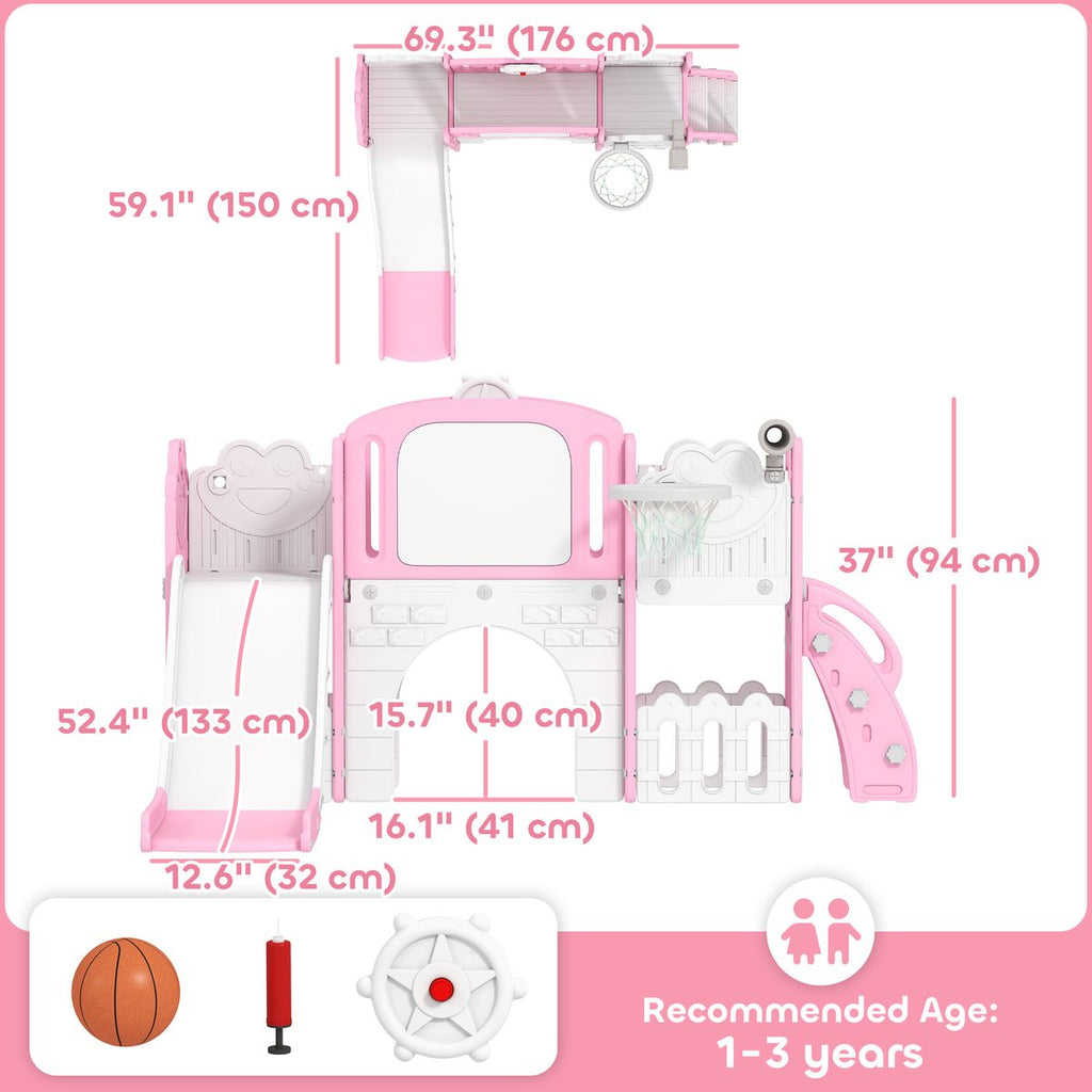 7 in 1 Toddler Slide with Basketball Hoop, Climbing Frame, Telescope, Drawing Board, Storage Box for Ages 1-3, Pink