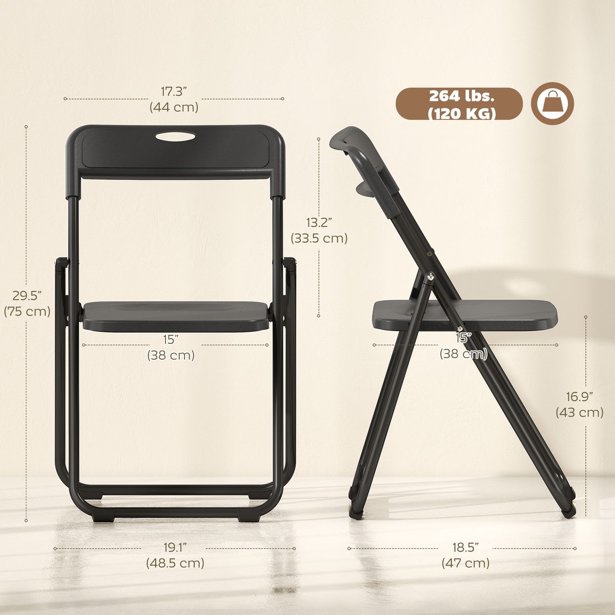 Folding Chairs 6 Pack, Plastic Foldable Chairs with Vent, Carry Hole and Steel Frame for Home, Office, Dining, Black
