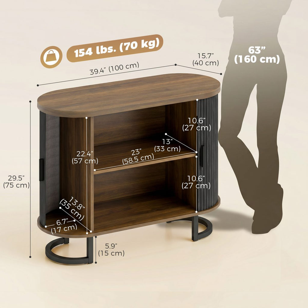 Sideboard Buffet Cabinet with Curved Tambour Doors, Thick Tabletop and Arc Metal Legs Brown and Black