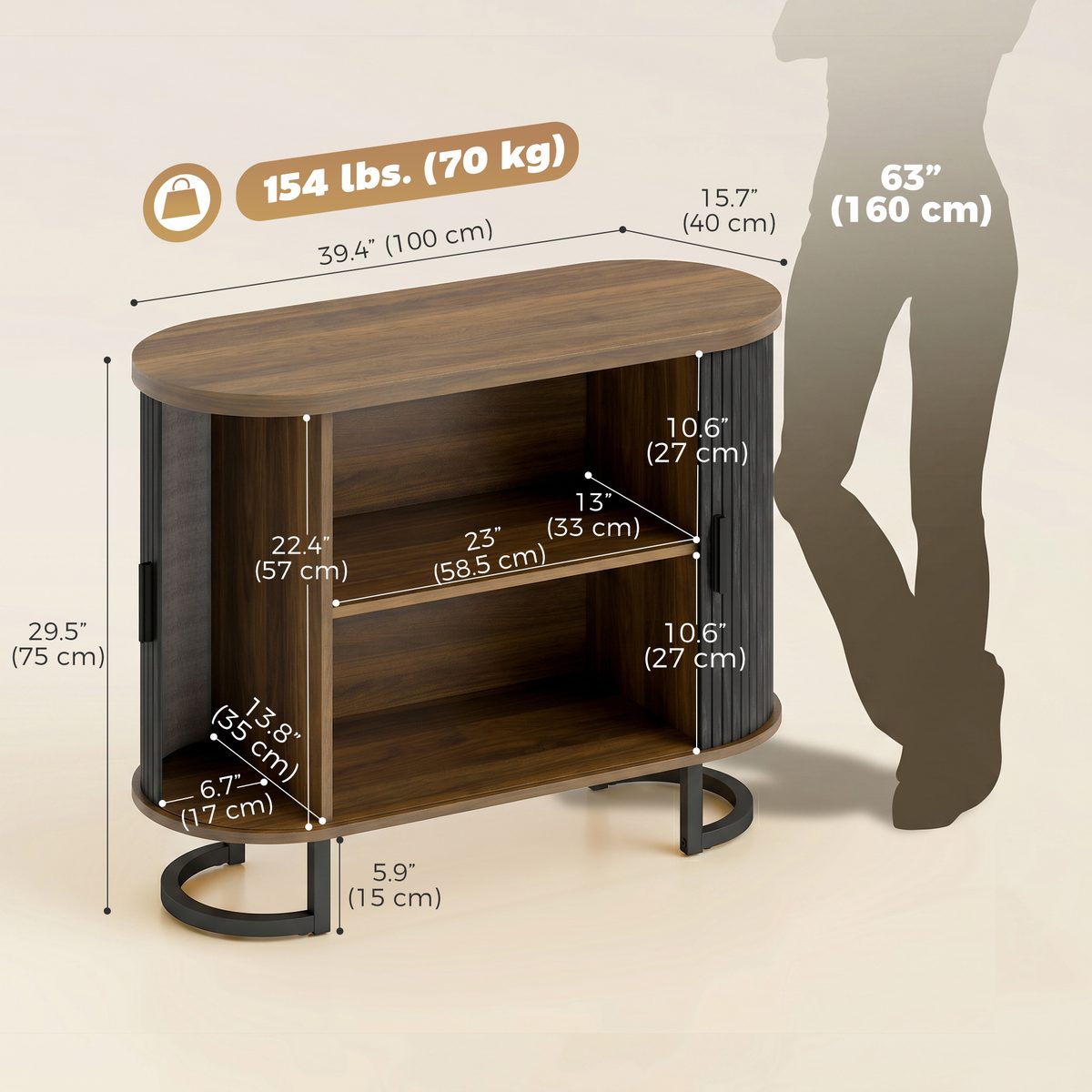 Sideboard Buffet Cabinet with Curved Tambour Doors, Thick Tabletop and Arc Metal Legs Brown and Black