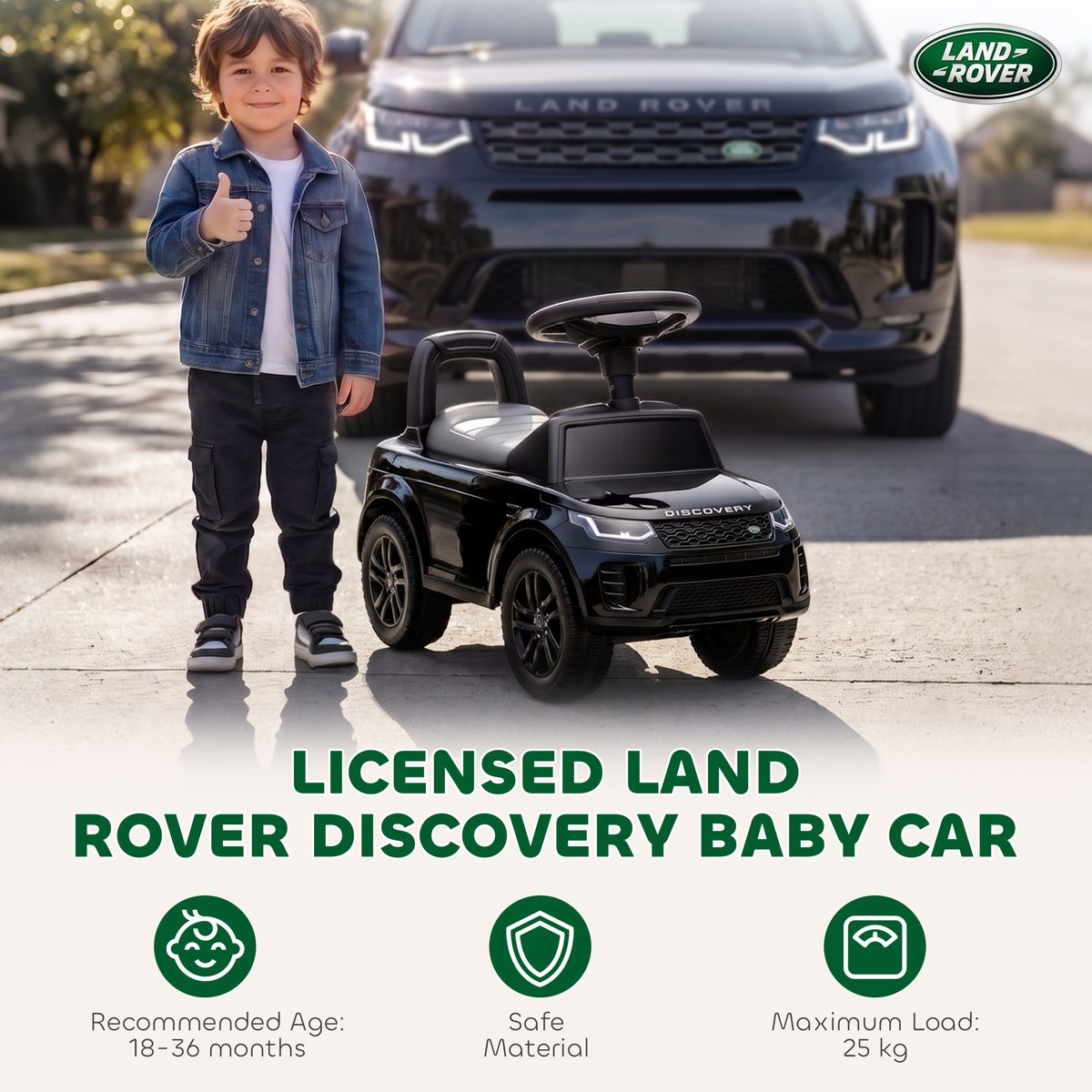Licensed Land Rover Ride on Push Car with Anti-Tip Device, Under-Seat Storage, Horn, Engine Sounds for 18-36 M, Black
