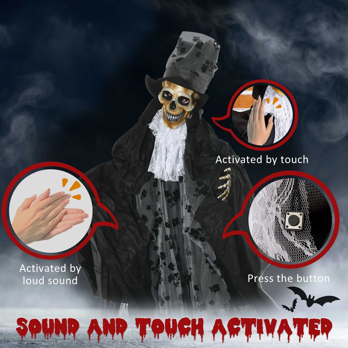 6FT Life Size Halloween Animatronics, Animated Grim Reaper Groom with Sound Motion Activated & Light Up Eyes