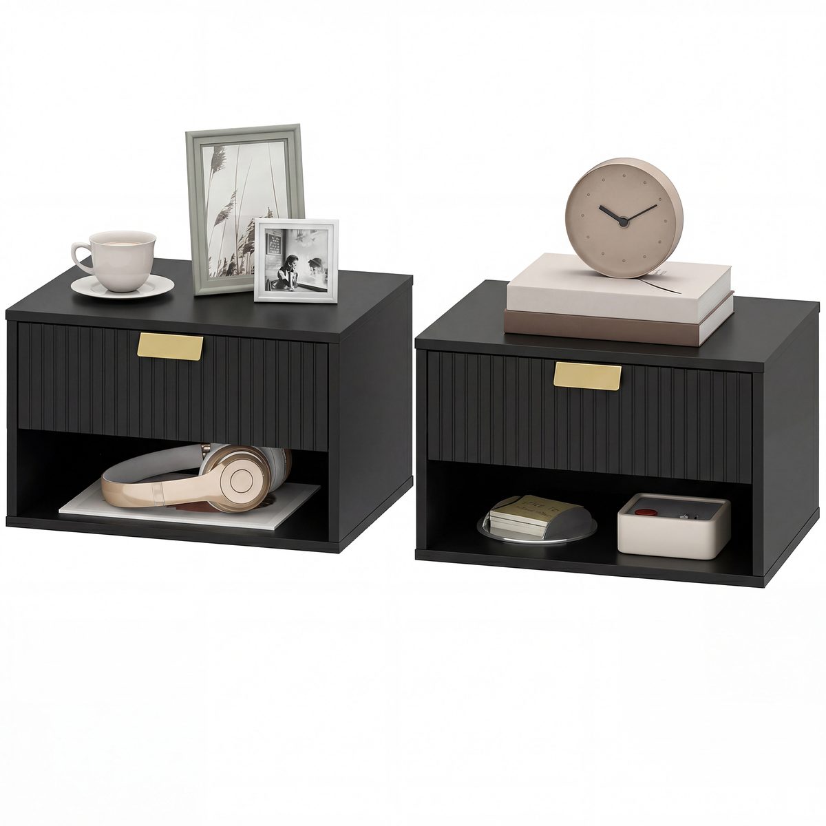 Set of 2 Wall Mounted Bedside Tables, Floating Nightstands with Fluted Drawer and Open Shelf for Bedroom, Black
