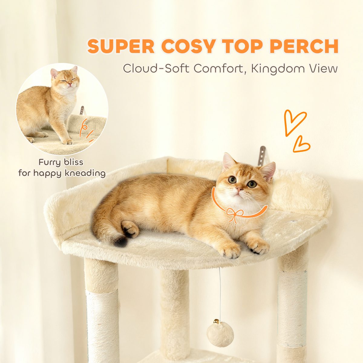67" Large Cat Tree with 7 Scratching Posts, Tunnel, 2 Condos, Hammock, Perch, Ramp, Pompoms, Beige