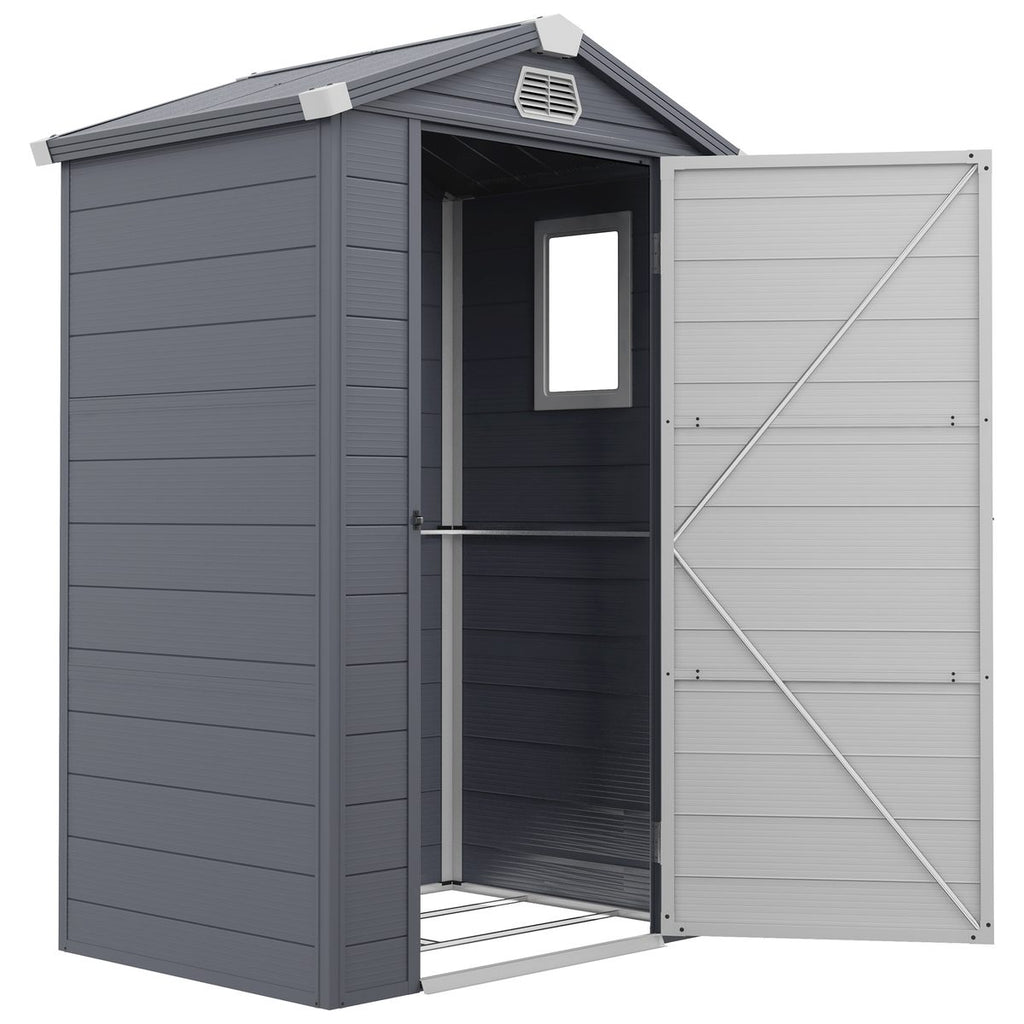 4.4' x 3.3' Plastic Garden Storage Shed with Latch Door, Vents, Sloped Roof, Grey