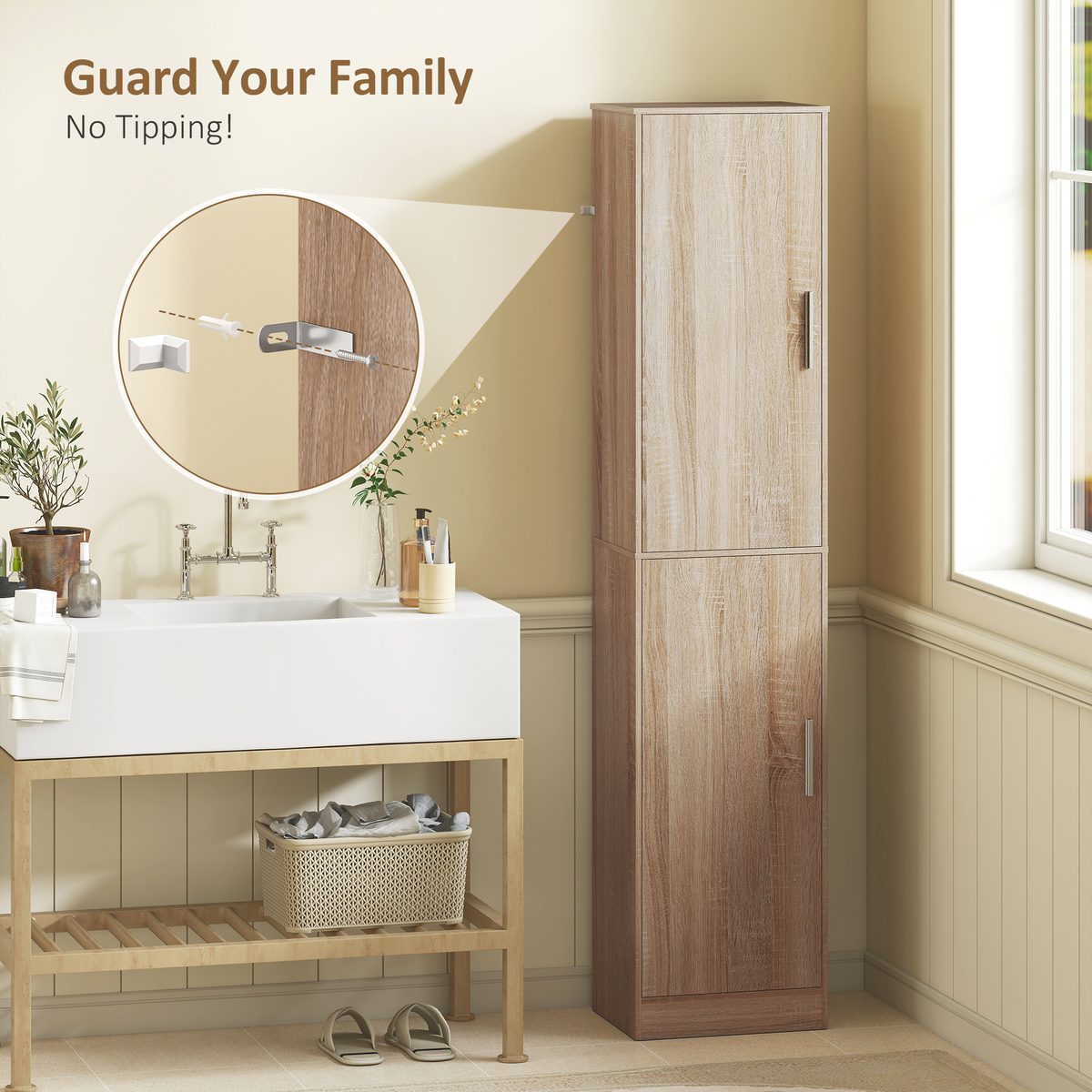 Tall Bathroom Cabinet, Slim 6-Tier Bathroom Floor Cabinet with 2 Doors and 4 Adjustable Shelves, Natural Wood