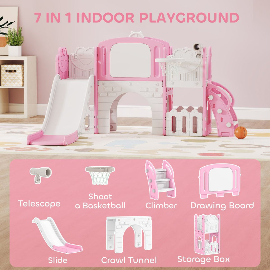 7 in 1 Toddler Slide with Basketball Hoop, Climbing Frame, Telescope, Drawing Board, Storage Box for Ages 1-3, Pink