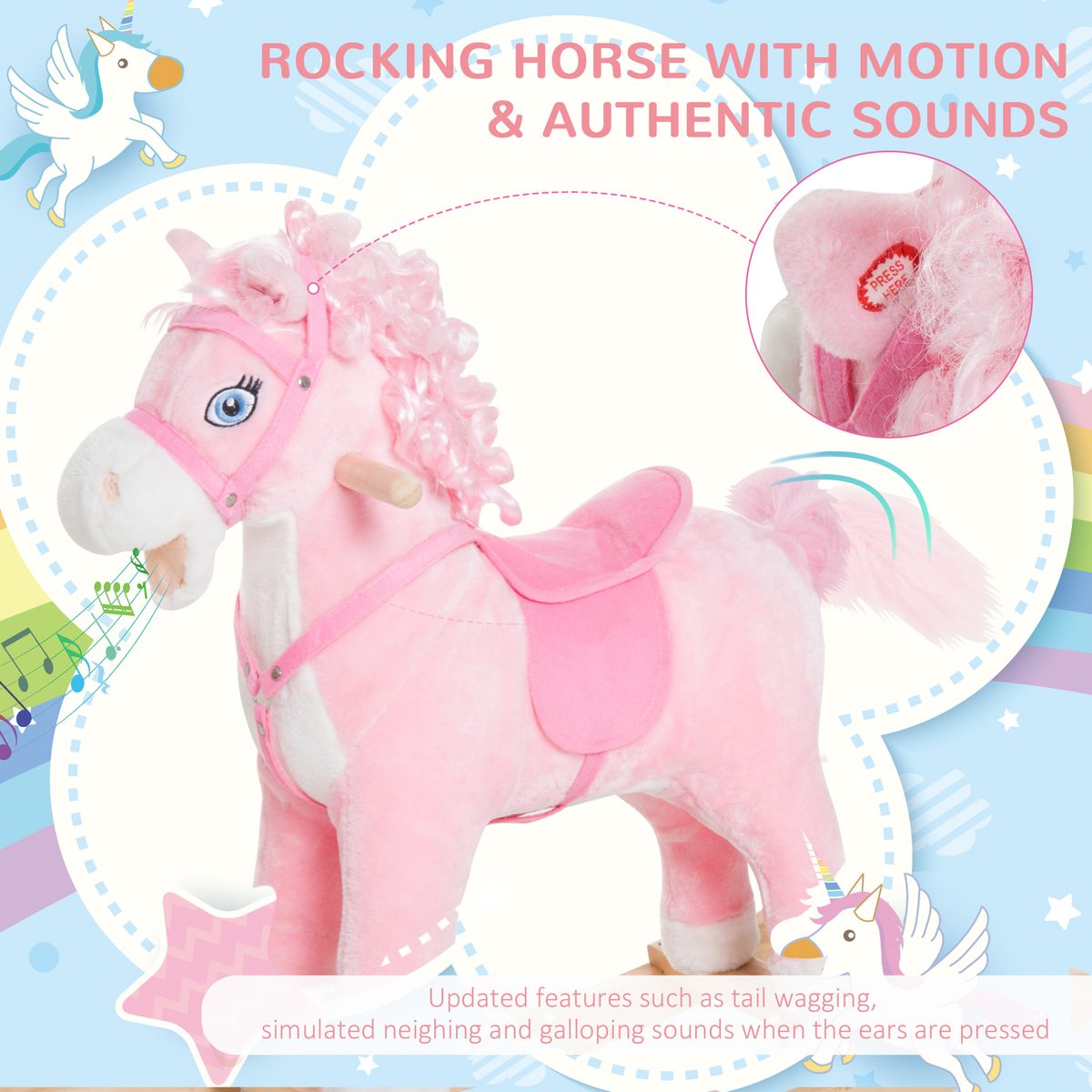 Kids Plush Rocking Horse Child Ride On Toy Rocker with Realistic Sounds Pink
