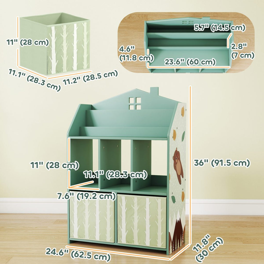 Kids Bookshelf with Storage, Toy Storage Unit with Book Display, Shelves and Fabric Drawers for Playroom Nursery, Green