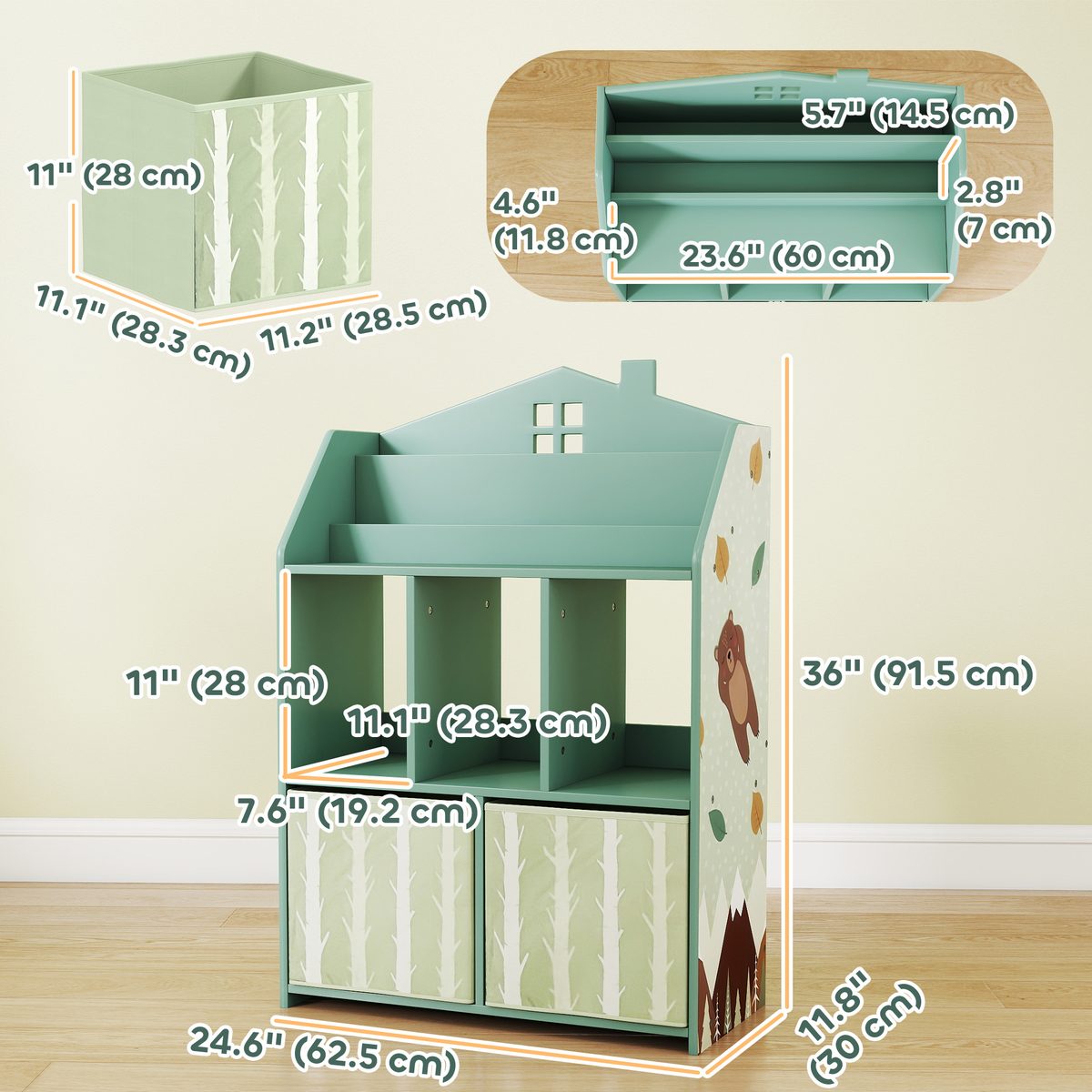 Kids Bookshelf with Storage, Toy Storage Unit with Book Display, Shelves and Fabric Drawers for Playroom Nursery, Green