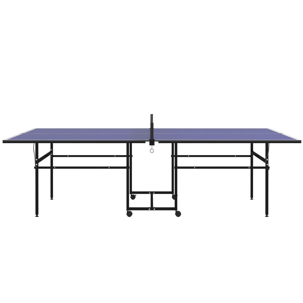 Full Size Table Tennis Table, Folding Ping Pong Table with Net, Paddles, Balls and Wheels, Blue