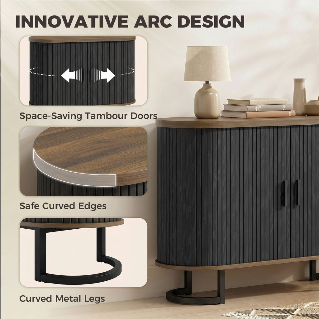 Sideboard Buffet Cabinet with Curved Tambour Doors, Thick Tabletop and Arc Metal Legs Brown and Black