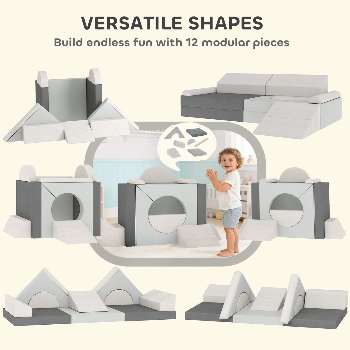 12 PCS Modular Kids Play Couch, Child Sectional Sofa for Toddlers, Convertible Foam and Floor Cushion, Grey