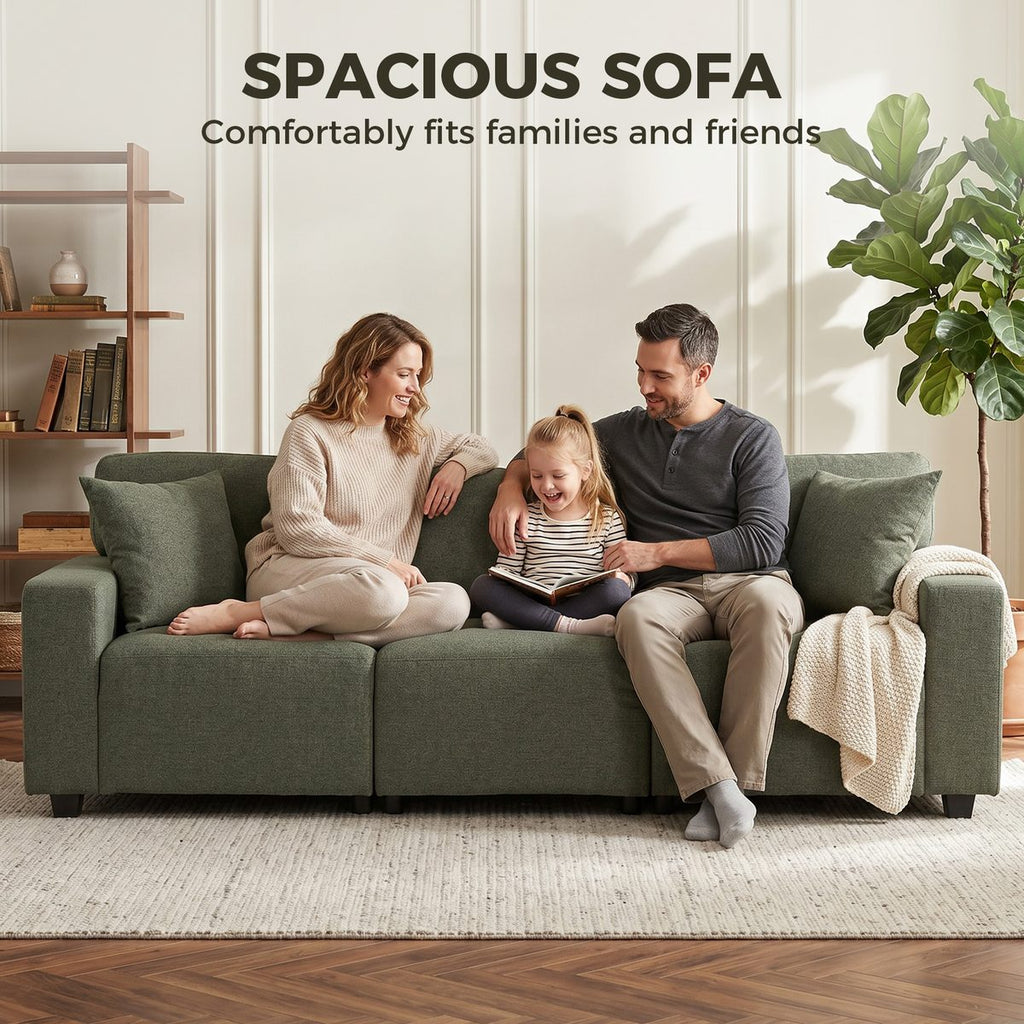 3 Seater Sofa with Storage Pockets, Modern Upholstered Couch with Pocket Springs, Green