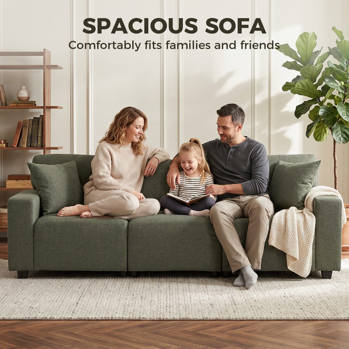 3 Seater Sofa with Storage Pockets, Modern Upholstered Couch with Pocket Springs, Green