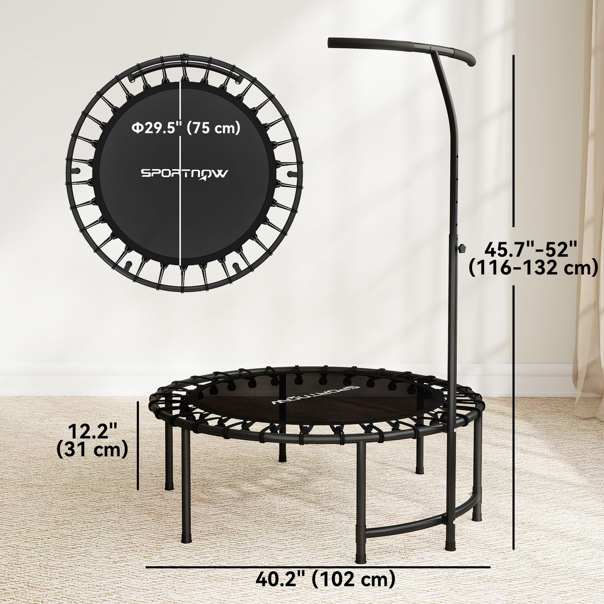 40" Foldable Rebounder Trampoline ,Mini Trampoline Indoor with Adjustable Handle, Quiet and Safe Bungee Rebounder,Black