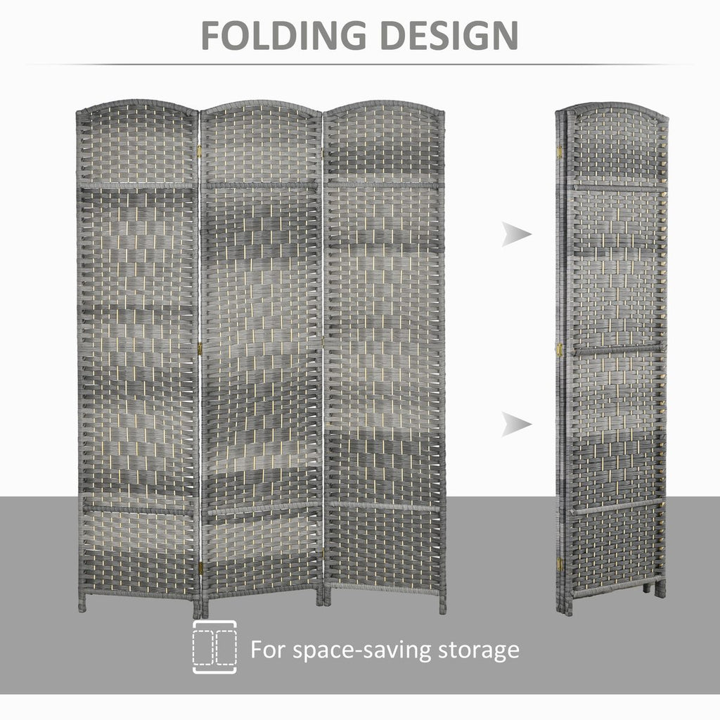 6 Ft Tall Folding Room Divider, 3 Panel Portable Privacy Screen, Hand-Woven Partition Wall Divider, Mixed Grey