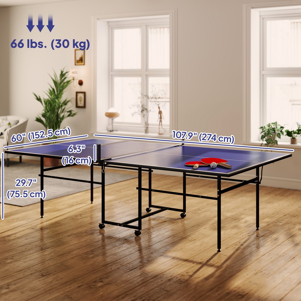 Full Size Table Tennis Table, Folding Ping Pong Table with Net, Paddles, Balls and Wheels, Blue