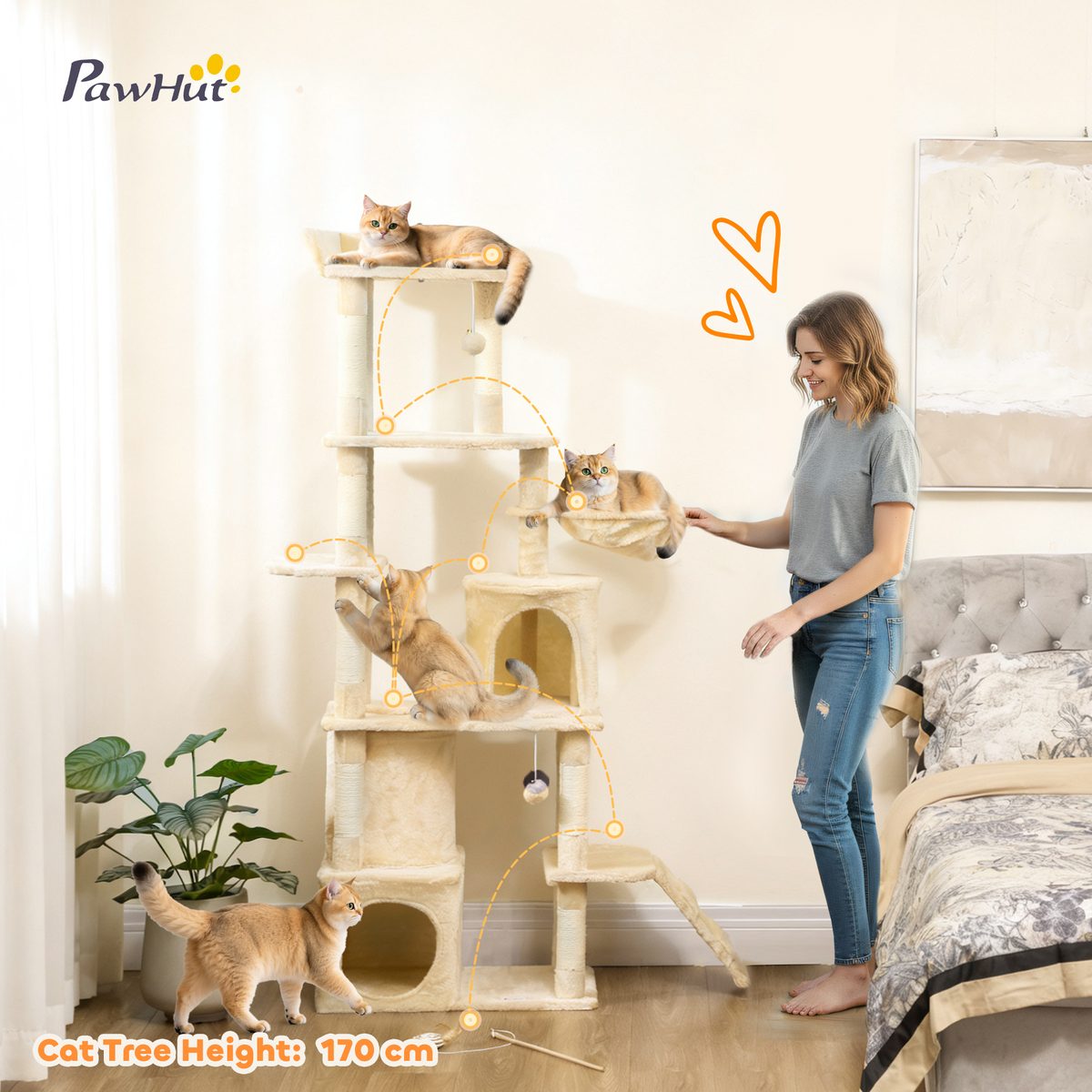 67" Large Cat Tree with 7 Scratching Posts, Tunnel, 2 Condos, Hammock, Perch, Ramp, Pompoms, Beige