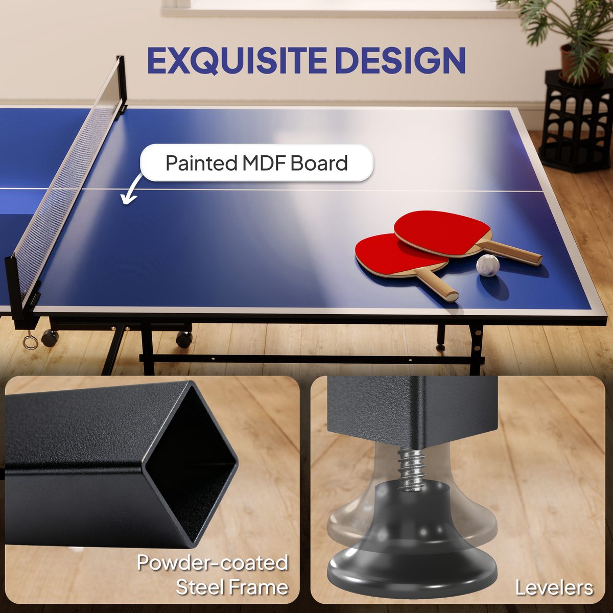 Full Size Table Tennis Table, Folding Ping Pong Table with Net, Paddles, Balls and Wheels, Blue