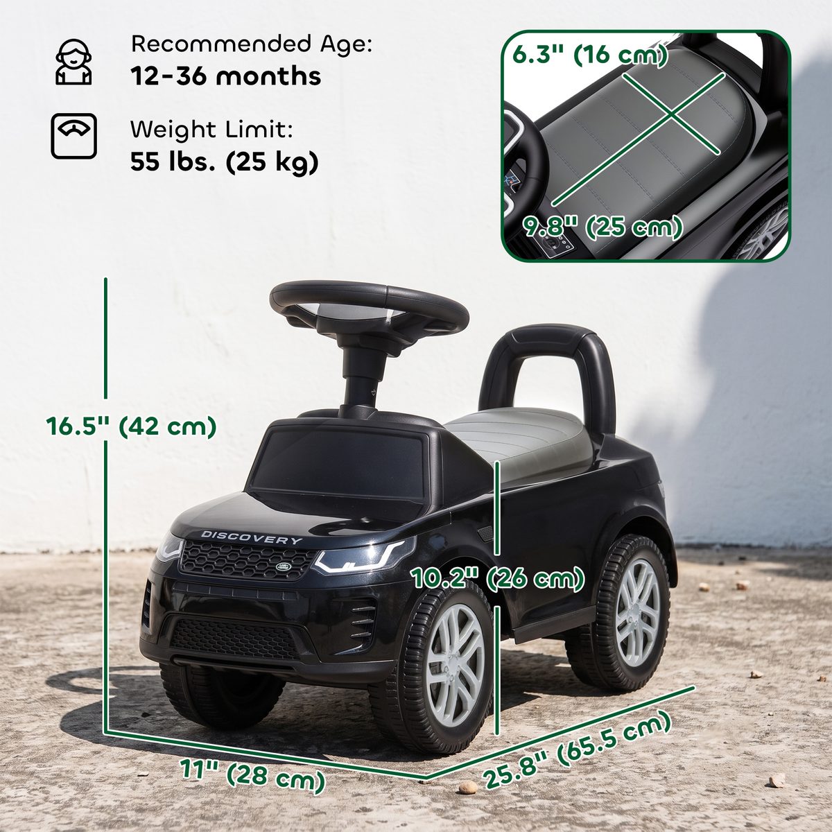 Licensed Land Rover Ride on Push Car with Anti-Tip Device, Under-Seat Storage, Horn, Engine Sounds for 18-36 M, Black
