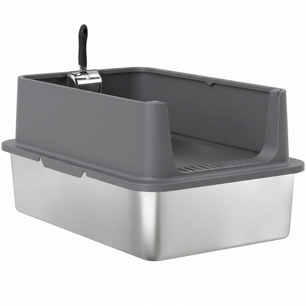 XL Stainless Steel Cat Litter Box for Big and Multiple Cats with High Wall Side, Scoop, Easy Cleaning & Odor Free