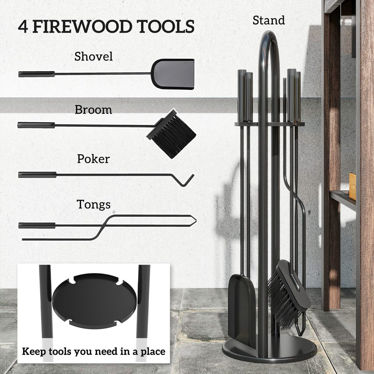 Fireplace Tools Set, 5 Pieces Fireside Accessories with Brush, Shovel, Poker, A Pair of Tongs, Stand, Black