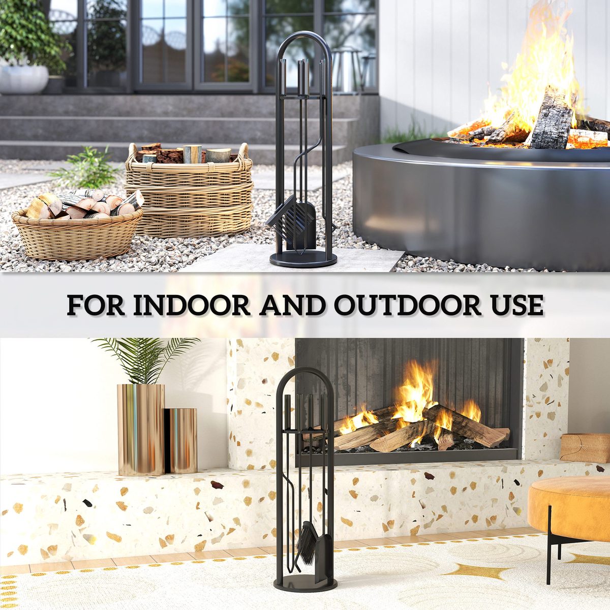 Fireplace Tools Set, 5 Pieces Fireside Accessories with Brush, Shovel, Poker, A Pair of Tongs, Stand, Black