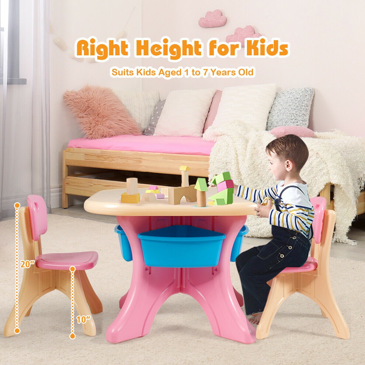 3 Piece Kids Play Table and 2 Chair Set with 4 Storage Bins, Pink
