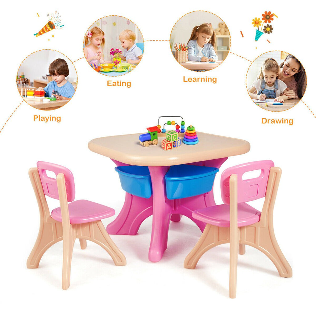 3 Piece Kids Play Table and 2 Chair Set with 4 Storage Bins, Pink