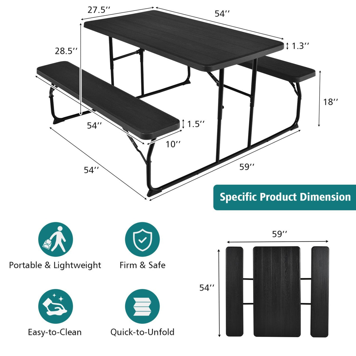Indoor and Outdoor Folding Picnic Table Bench Set with Wood-like Texture-Black