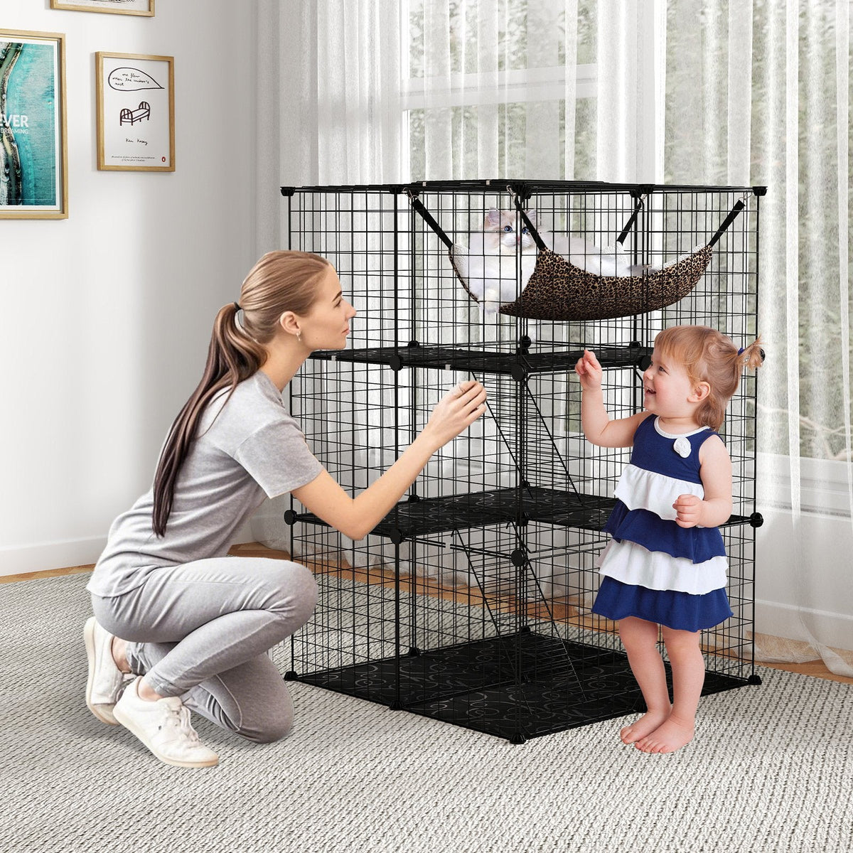 Three Tier Cat Enclosure with a Lockable Skylight, Hammock and Two Ladders