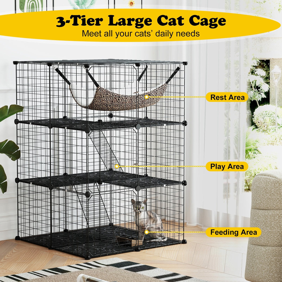 Three Tier Cat Enclosure with a Lockable Skylight, Hammock and Two Ladders