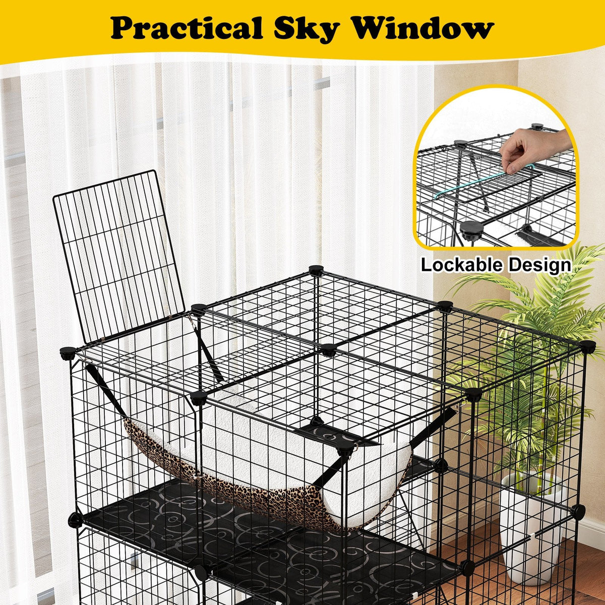 Three Tier Cat Enclosure with a Lockable Skylight, Hammock and Two Ladders