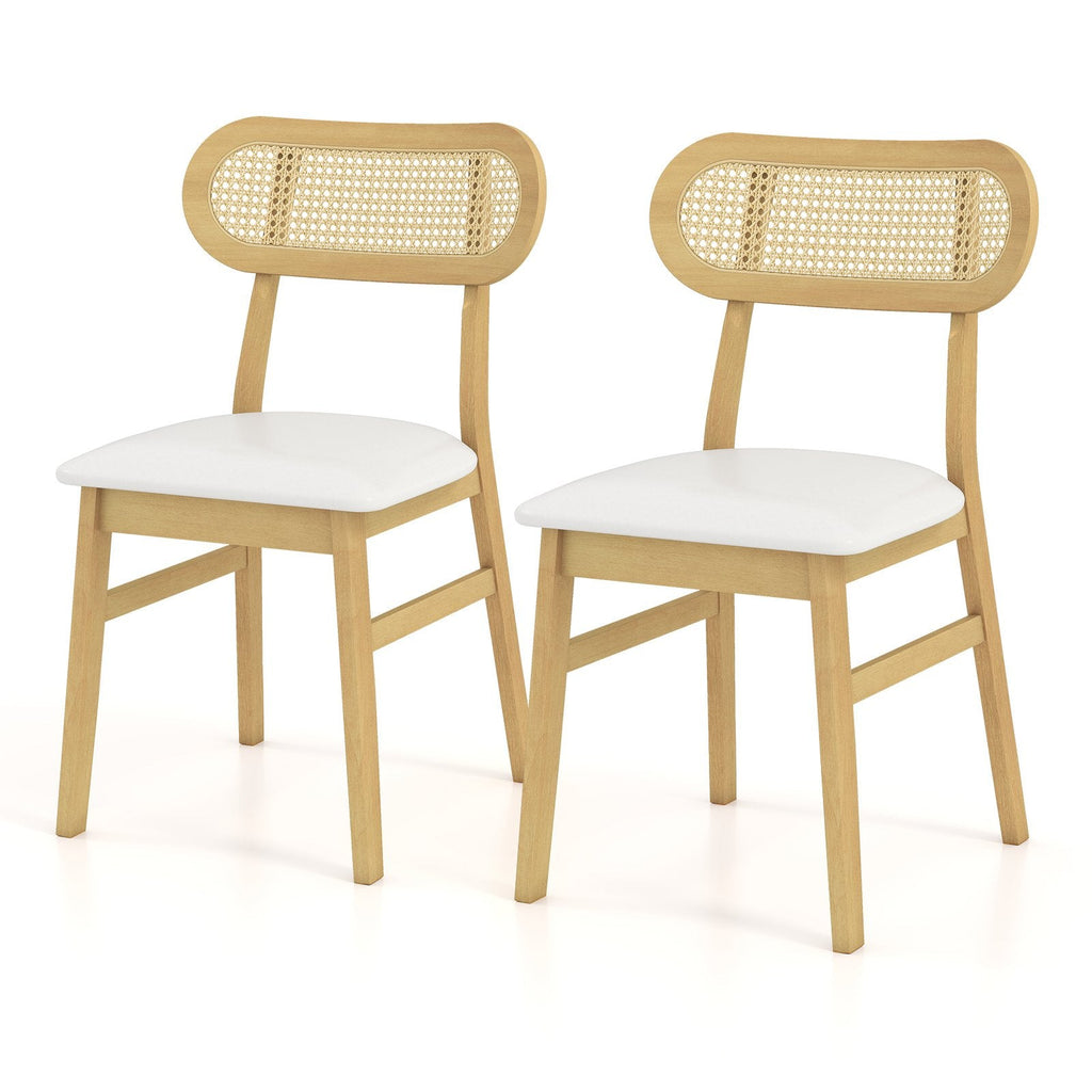 Set of 2 Mid Century Dining Chairs, Natural Rubber Wood with Oval Rattan Back and White Faux Leather Seat